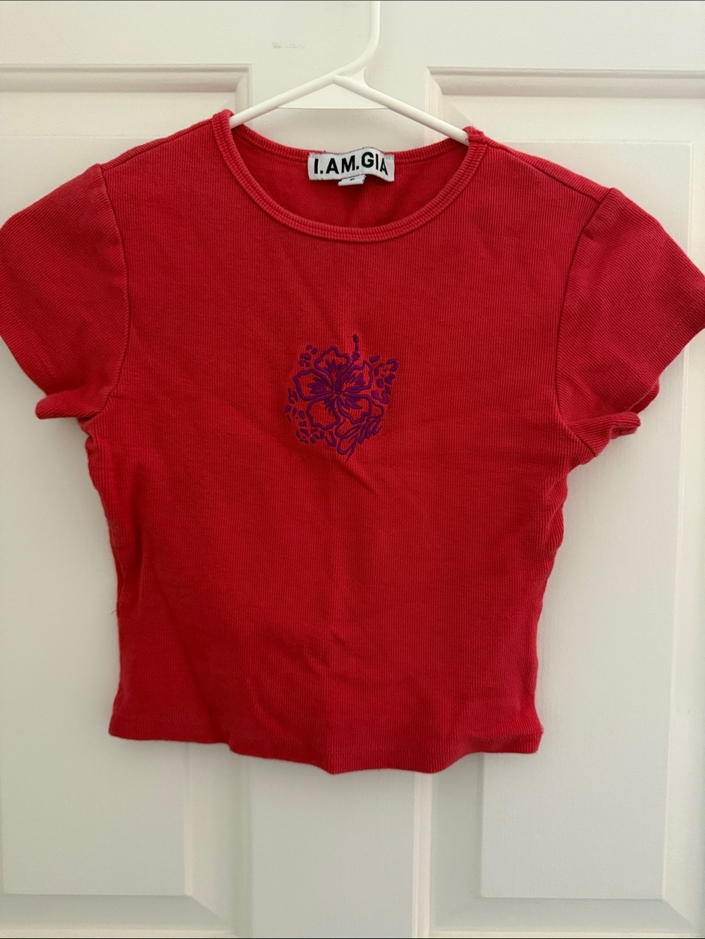 I.AM.GIA Red Short Sleeve Rib Baby Tee with Purple Floral Motif